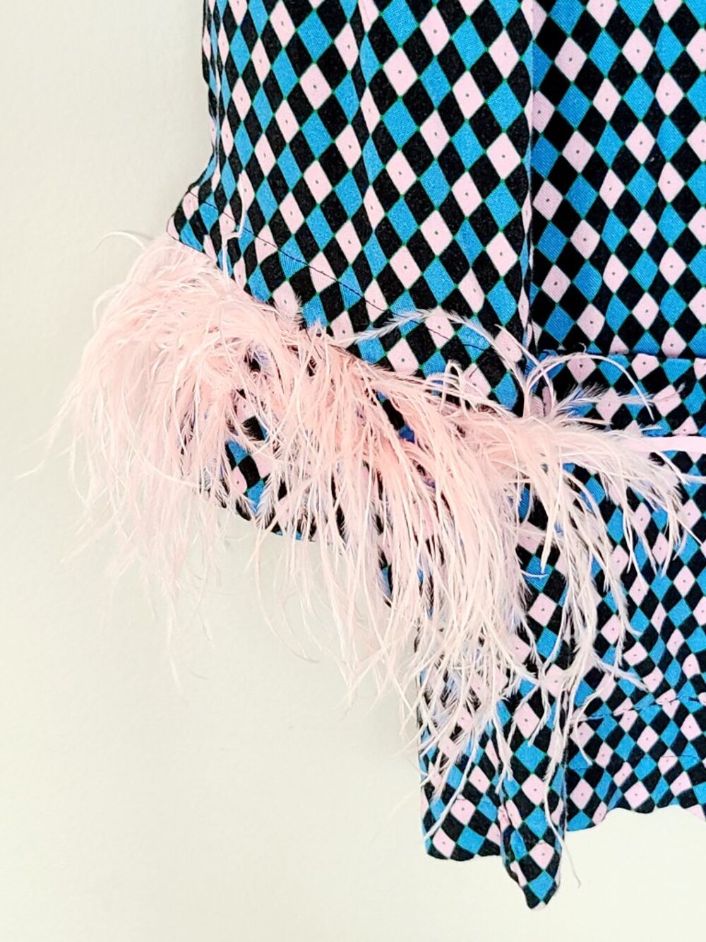 Sleeper Party Feather-Trim Pink Blue Argyle Pajama Shirt Medium Luxe Top Only - Picture 5 of 8